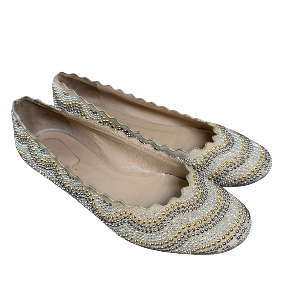 Chloe Lauren Ballet Flats 8.5 / 39 Scalloped Studded Tan Suede Gold Silver